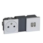 Prise Prog Mosaic + module de charge 2 micro USB 2400 mA  Alu<br/>Legrand